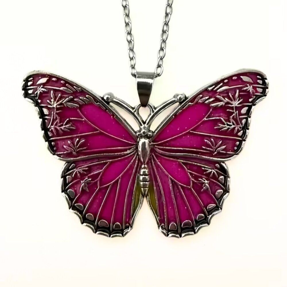 Twilight Rose Butterfly Necklace Dark Rose Pink, Sparkling Enamel Silver Finish